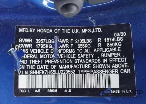 2020 Honda Civic Ex из США, поврежденный, VIN SHHFK7H65LU220552